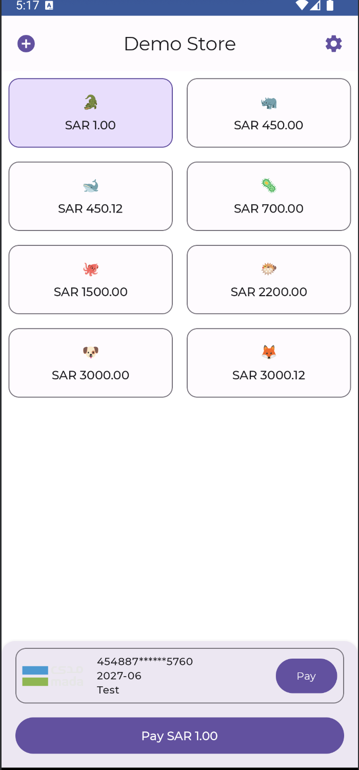 Select items from the demo app home screen and click the Pay button