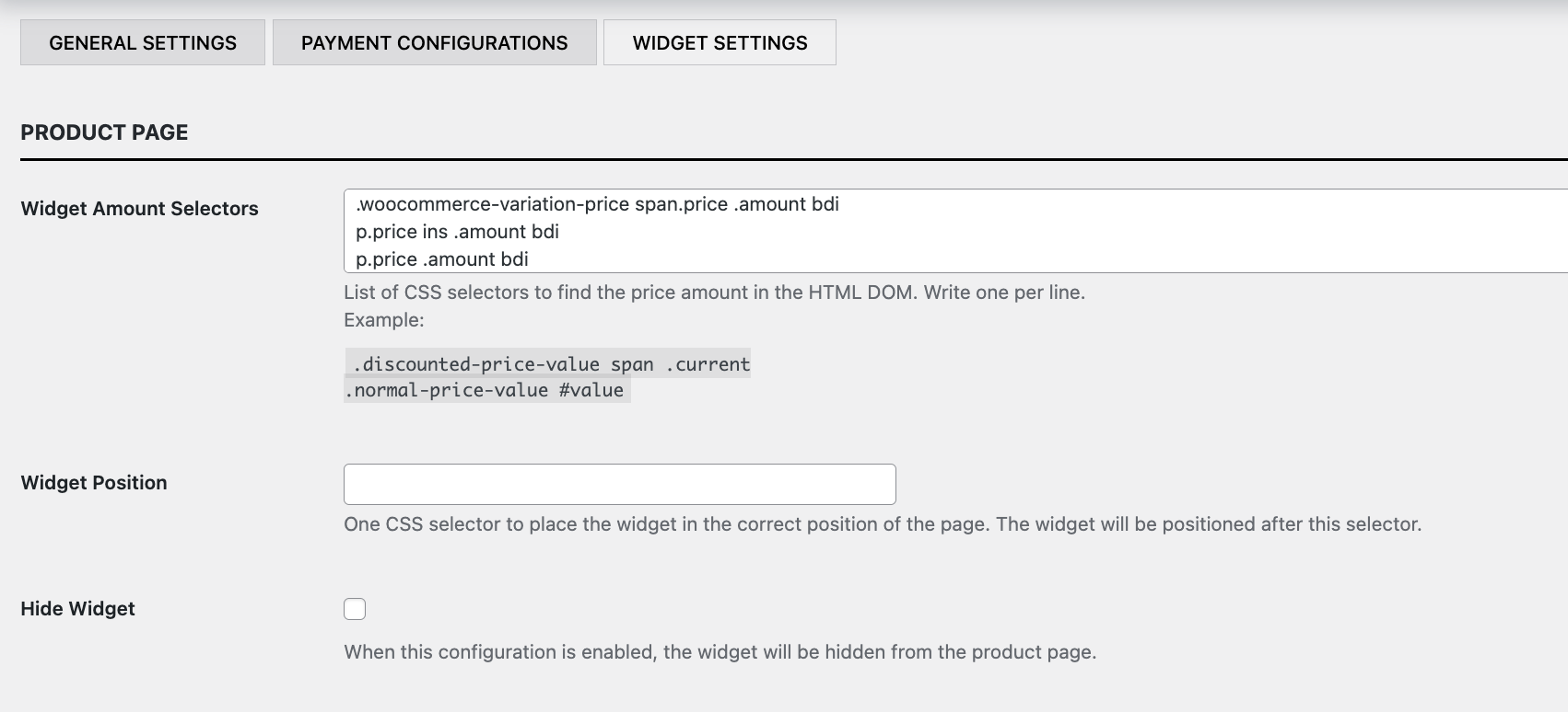 Product page settings