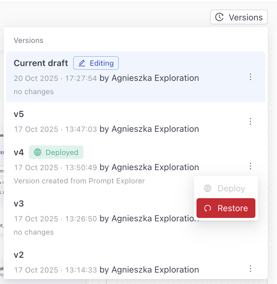 Versions expanded with the restore button next to a version