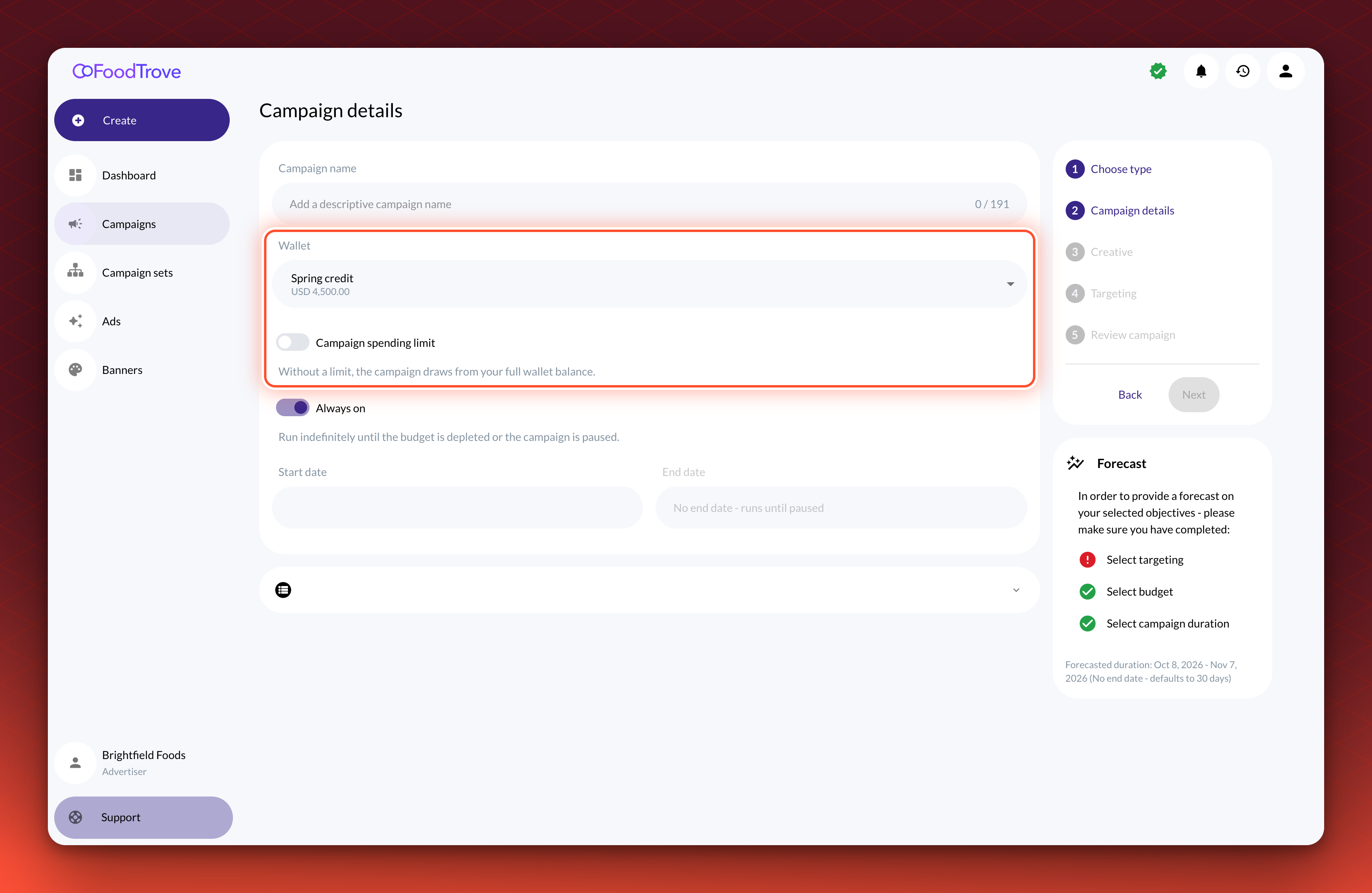 The Details step of a campaign booking. The Wallet field shows a wallet name with its available balance. Below it, the Campaign spending limit switch is off, with the line Without a limit, the campaign draws from your full wallet balance.