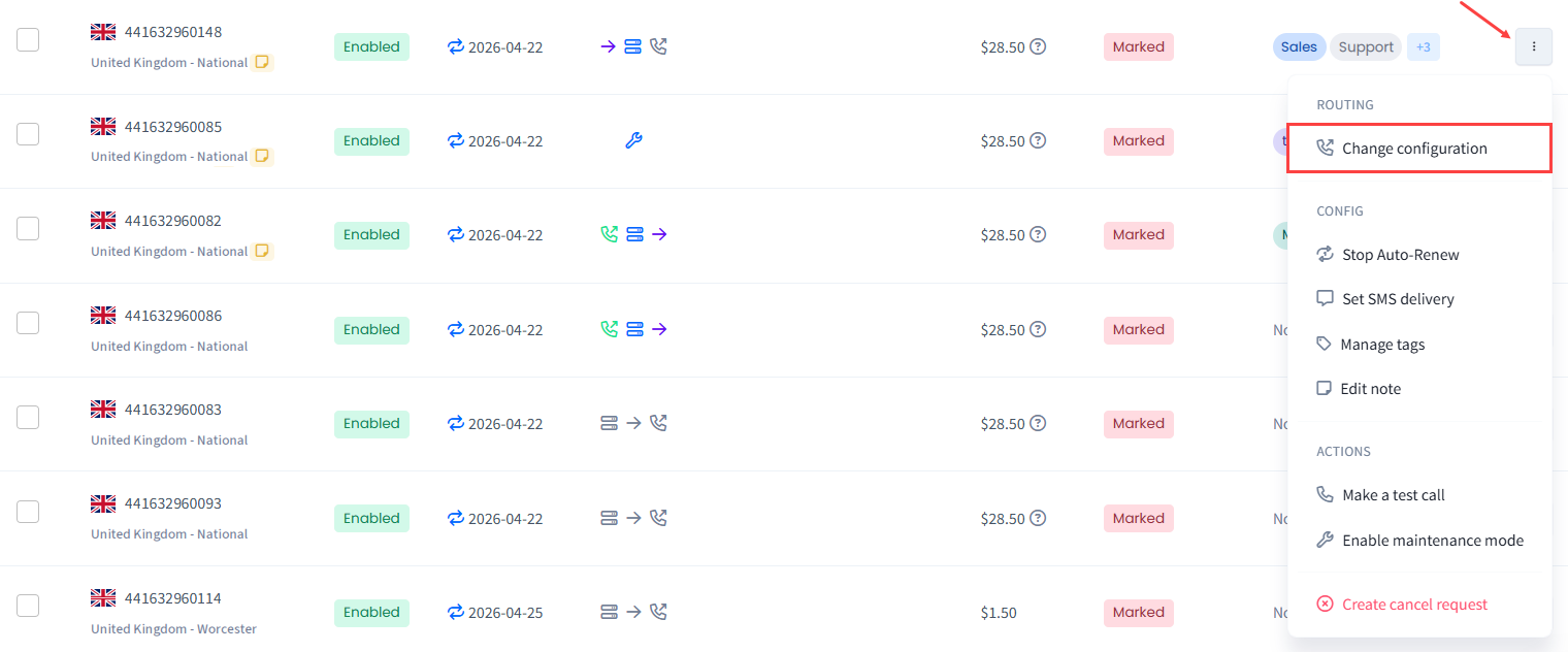 Screenshot of the Change configuration option selection