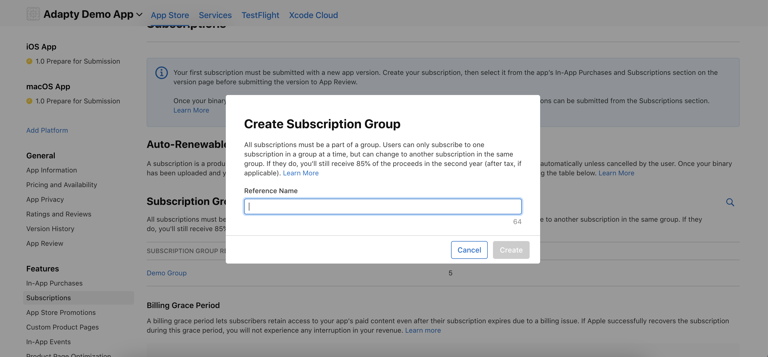Create a new Subscription Group in App Store Connect
