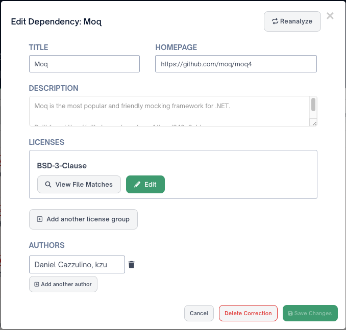 You may not have the "Delete Correction" button unless your dependency was manually changed.