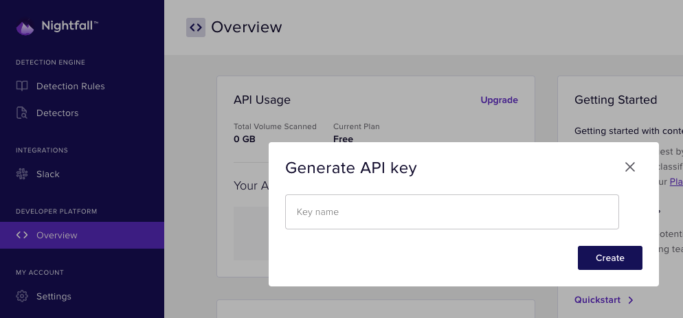 The "Generate API key" modal pop up