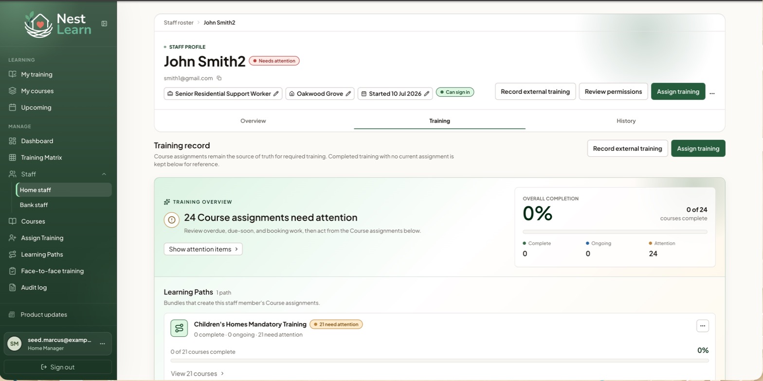 A staff profile on the Training tab, showing overall completion and Learning Paths