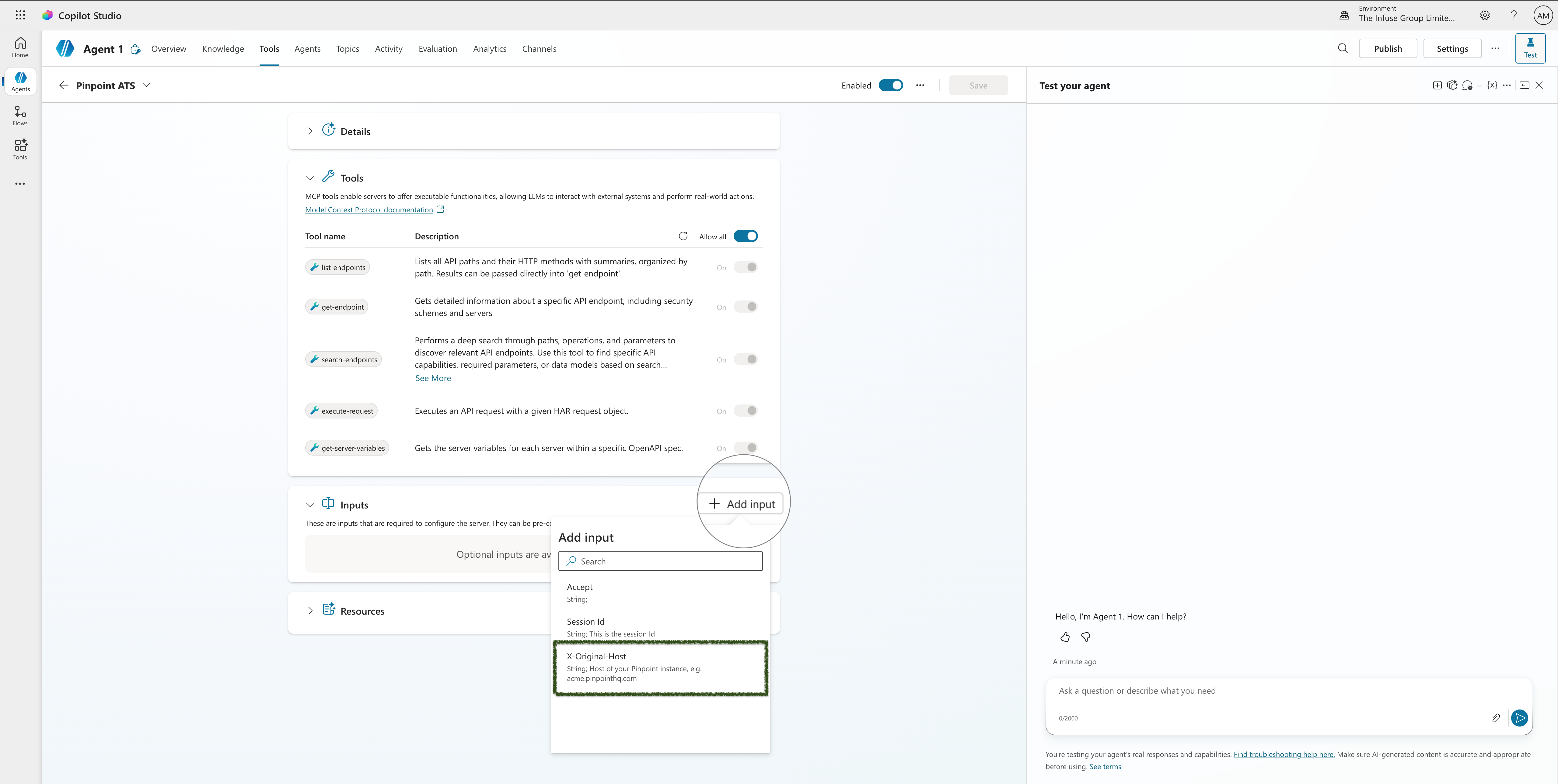 Step 12 – Agent Tools tab showing Pinpoint ATS tool listed