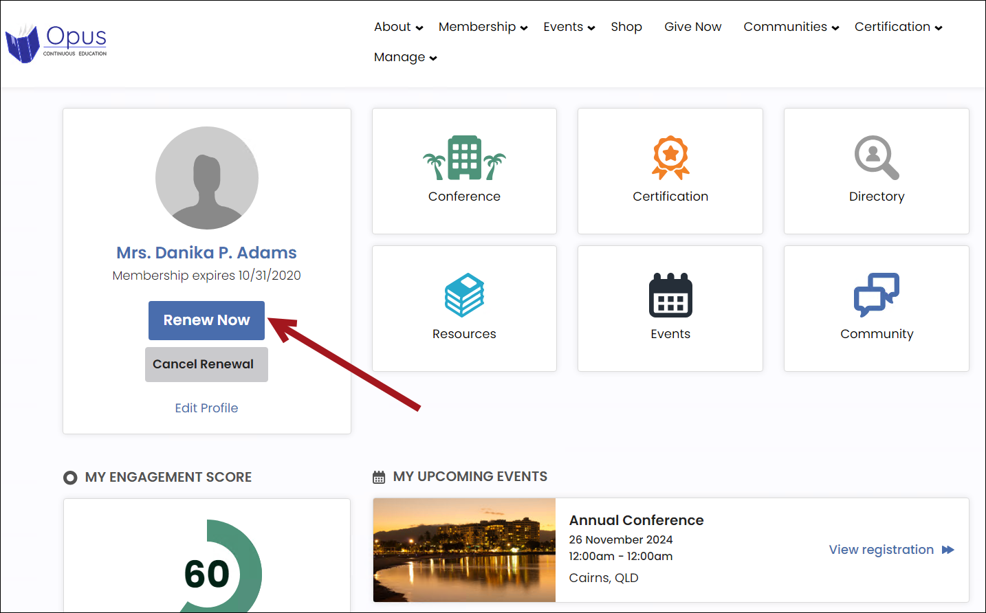 Public member account page with arrow pointing to renew now button