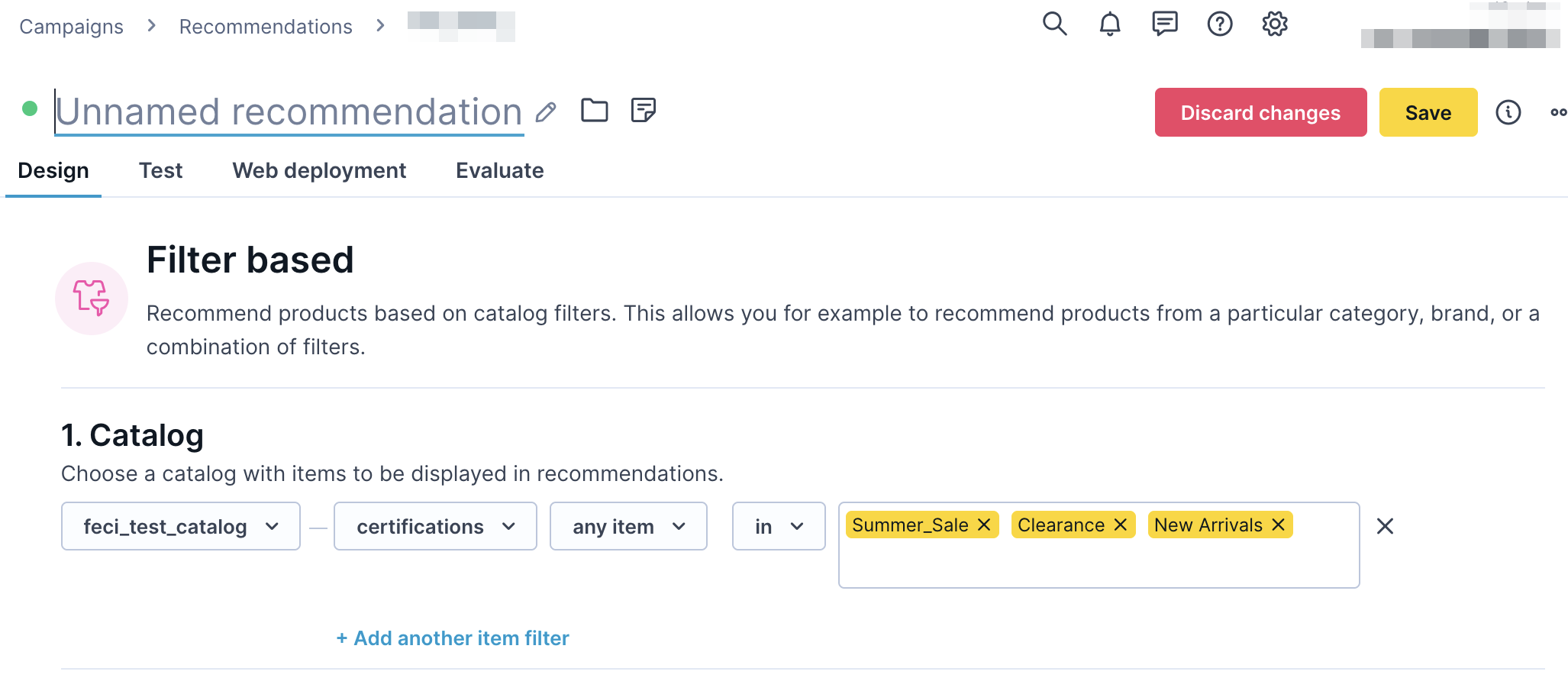 Catalog filter configuration showing any item operator with Summer_Sale, Clearance, and New_Arrivals values selected