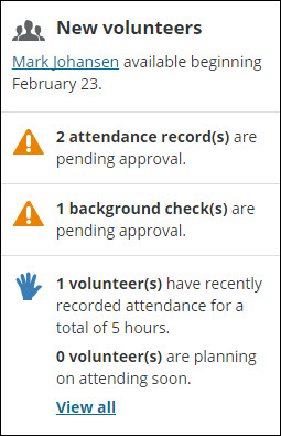 Viewing a Volunteer Dashboard alert example