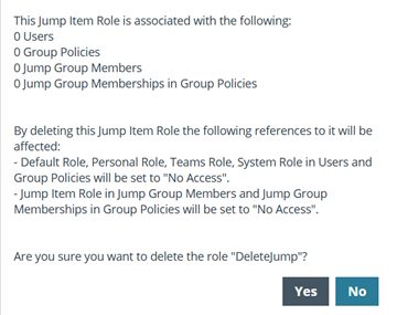 A confirmation to delete a jump group is displayed. Choose Yes or No.