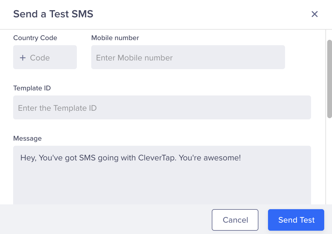 The Test SMS pop-up.