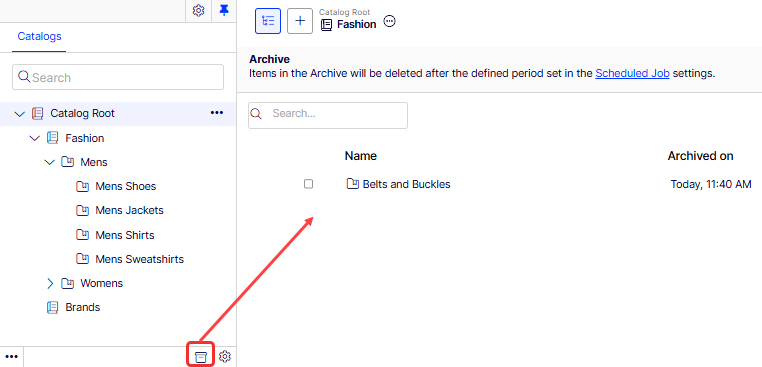 Screenshot of the Archive option in the Catalogs panel used to restore archived content.