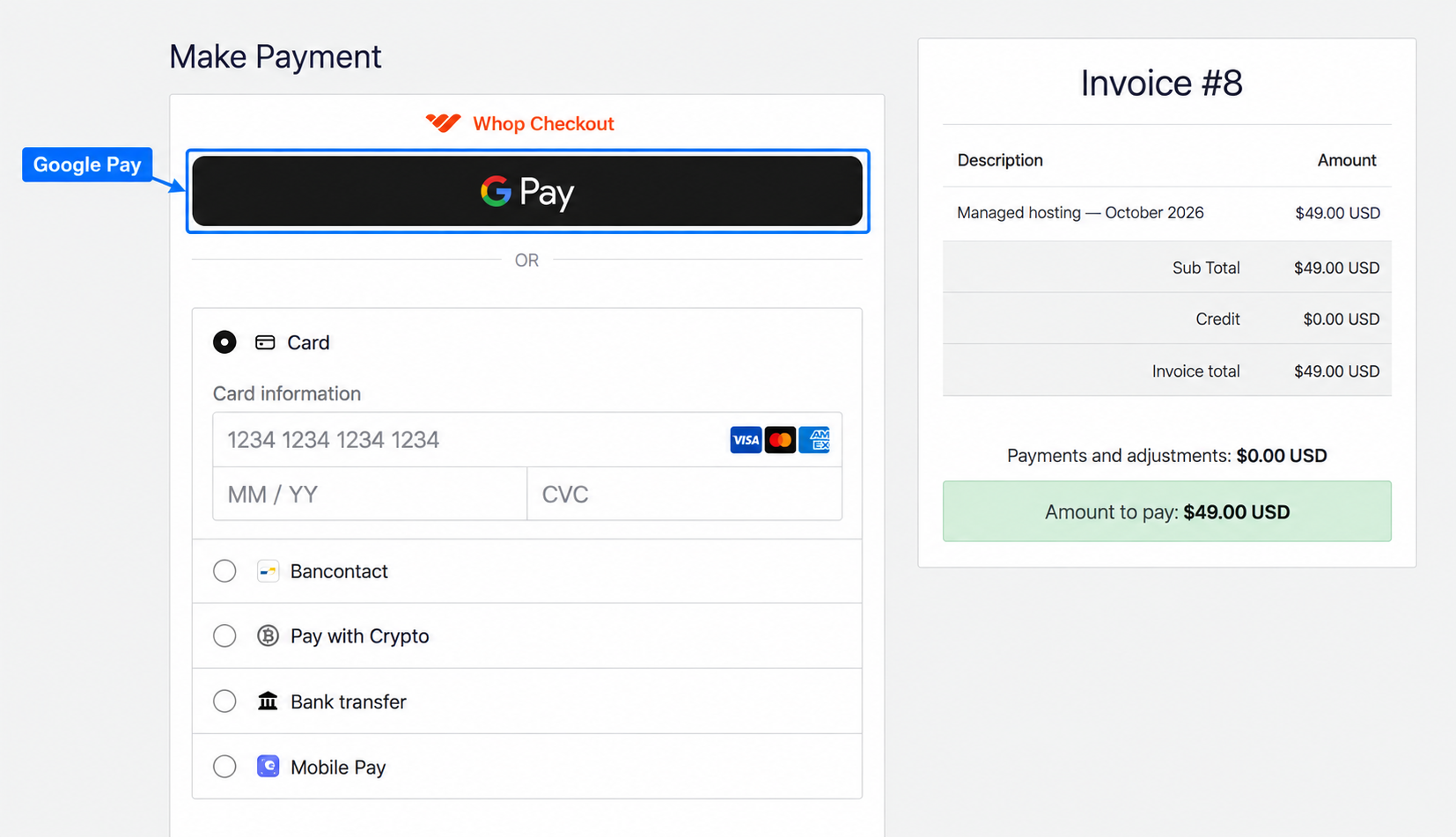 Google Pay in Whop Checkout