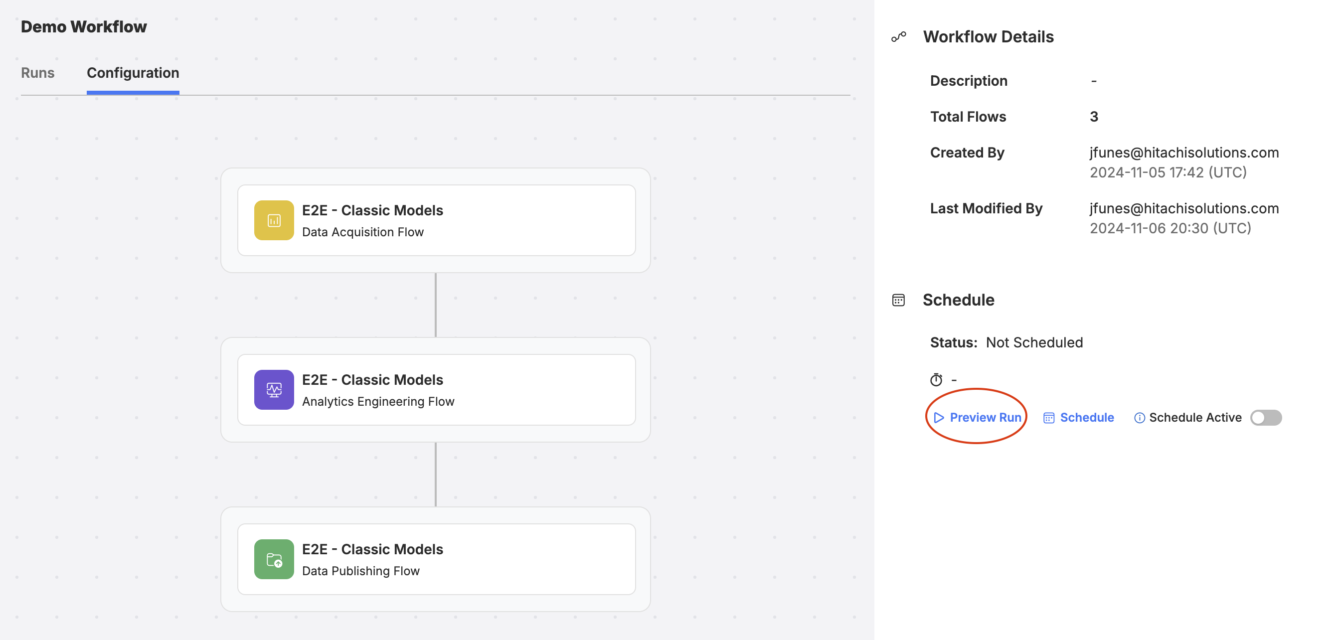 Click on the Preview Run button from the Workflow configuration screen to do a one-time, manual run.