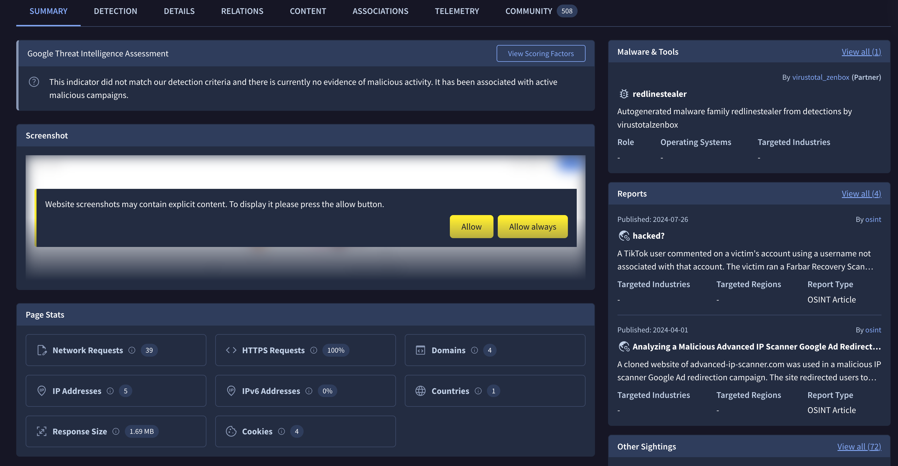 URL Reports details
