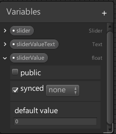 The Variables window in an Udon Graph shows the variables you've created, and lets you edit their properties.