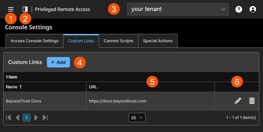An image of the Console Settings page in a Privileged Remote Access application. The 'Custom Links' tab is selected, showing an option to add new links with a '+ Add' button. One custom link is listed with the name 'BeyondTrust Docs' and the URL 'https://docs.beyondtrust.com', along with icons to edit or delete it.