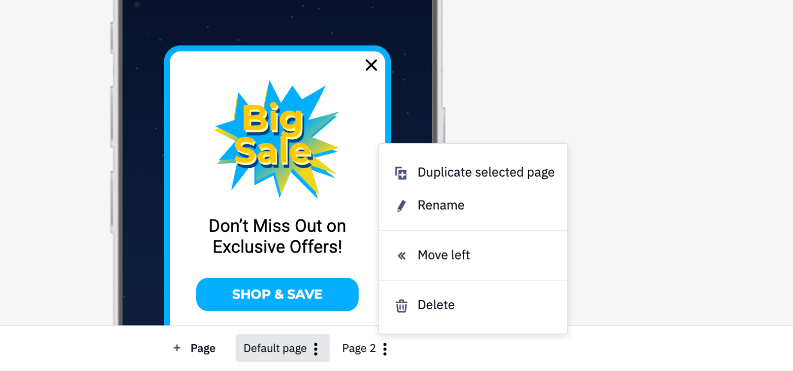 The + Page button and the page menu