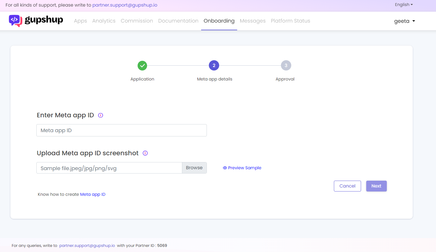 Screen to upload Meta App ID screenshot during the partner creation process