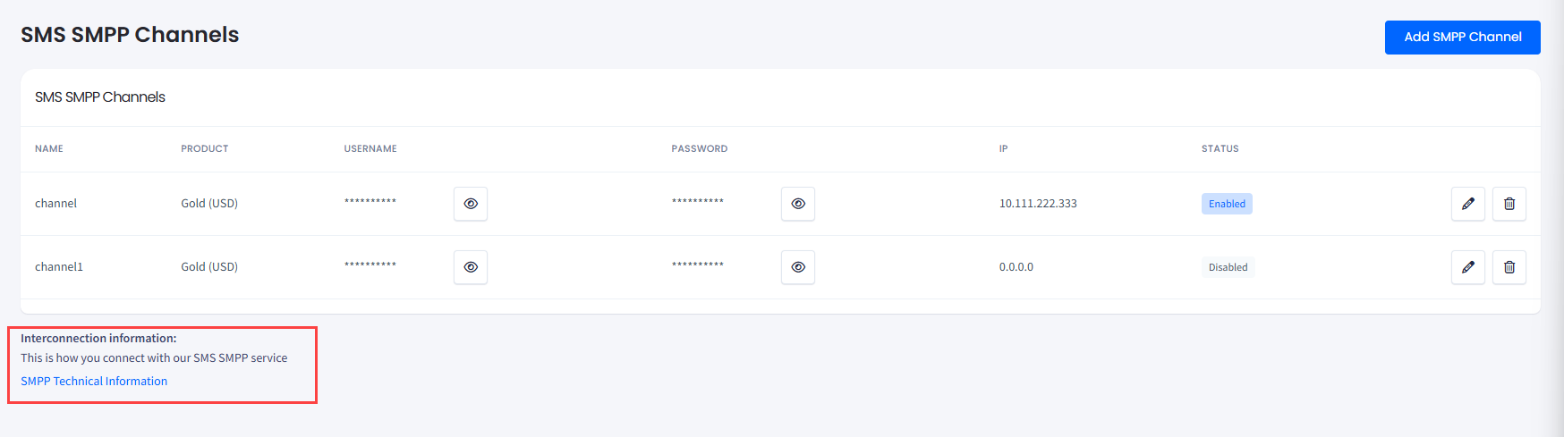 Screenshot of the SMS SMPP Channels page:  Interconnection information block