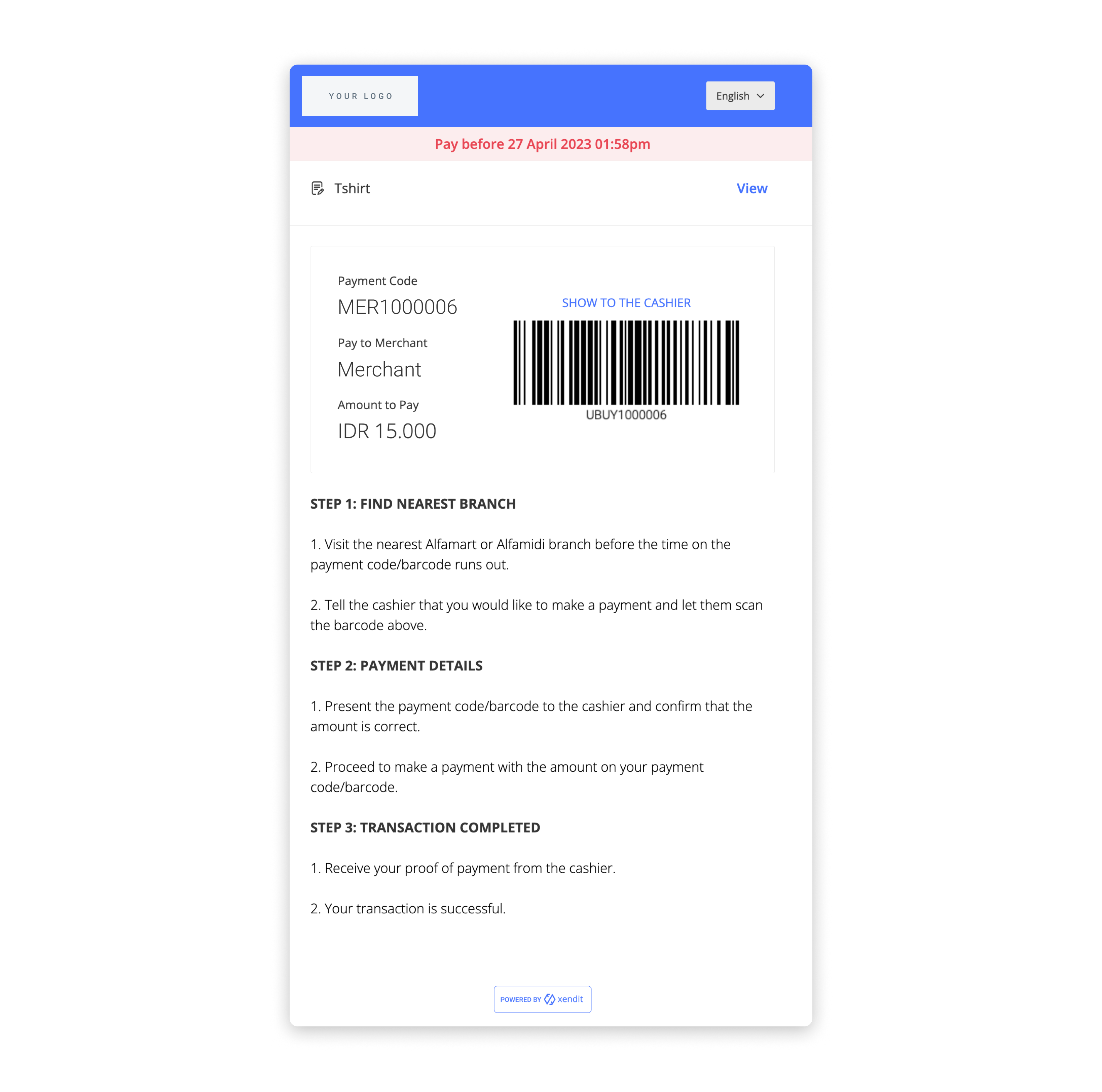 Example Cash UI built with the information in the example above.