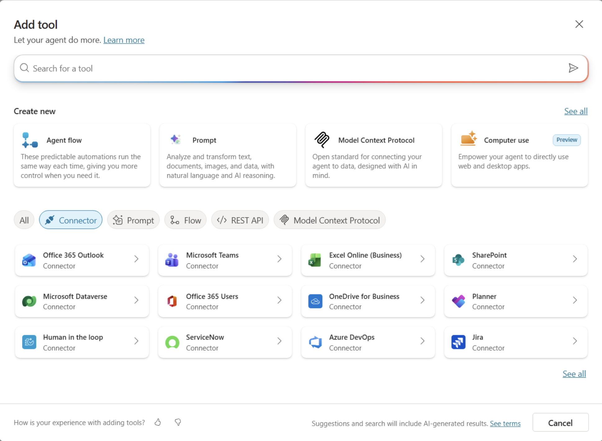 Tools tab in Copilot Studio