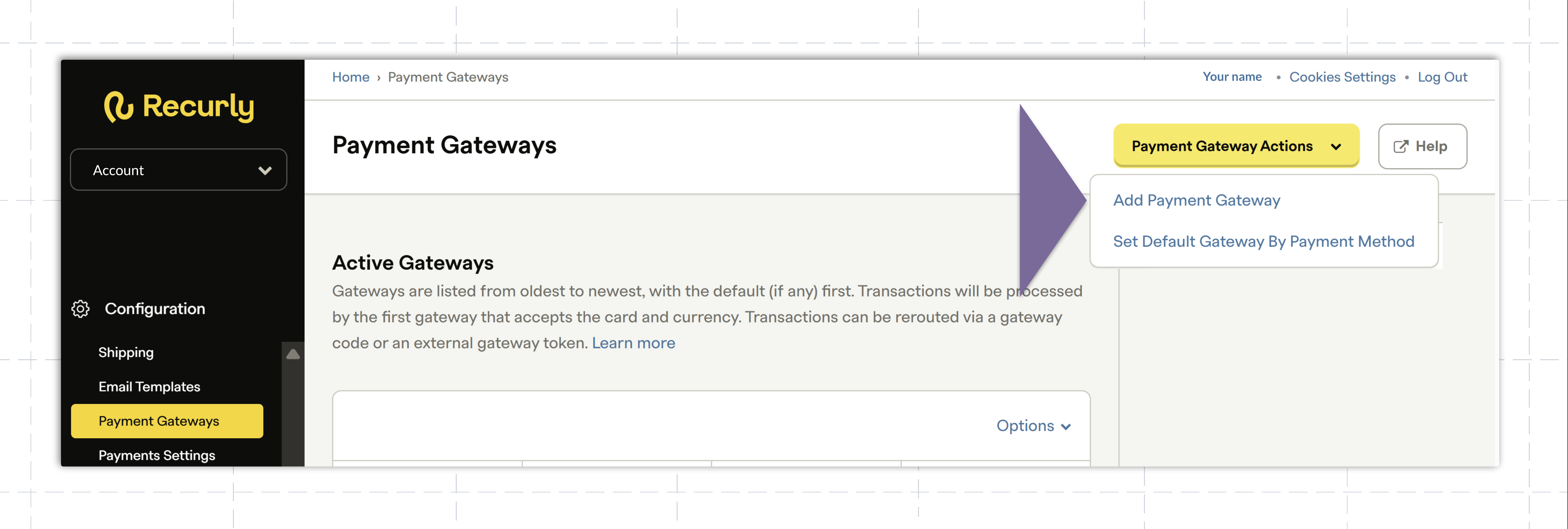 To add a payment gateway select gateway actions.