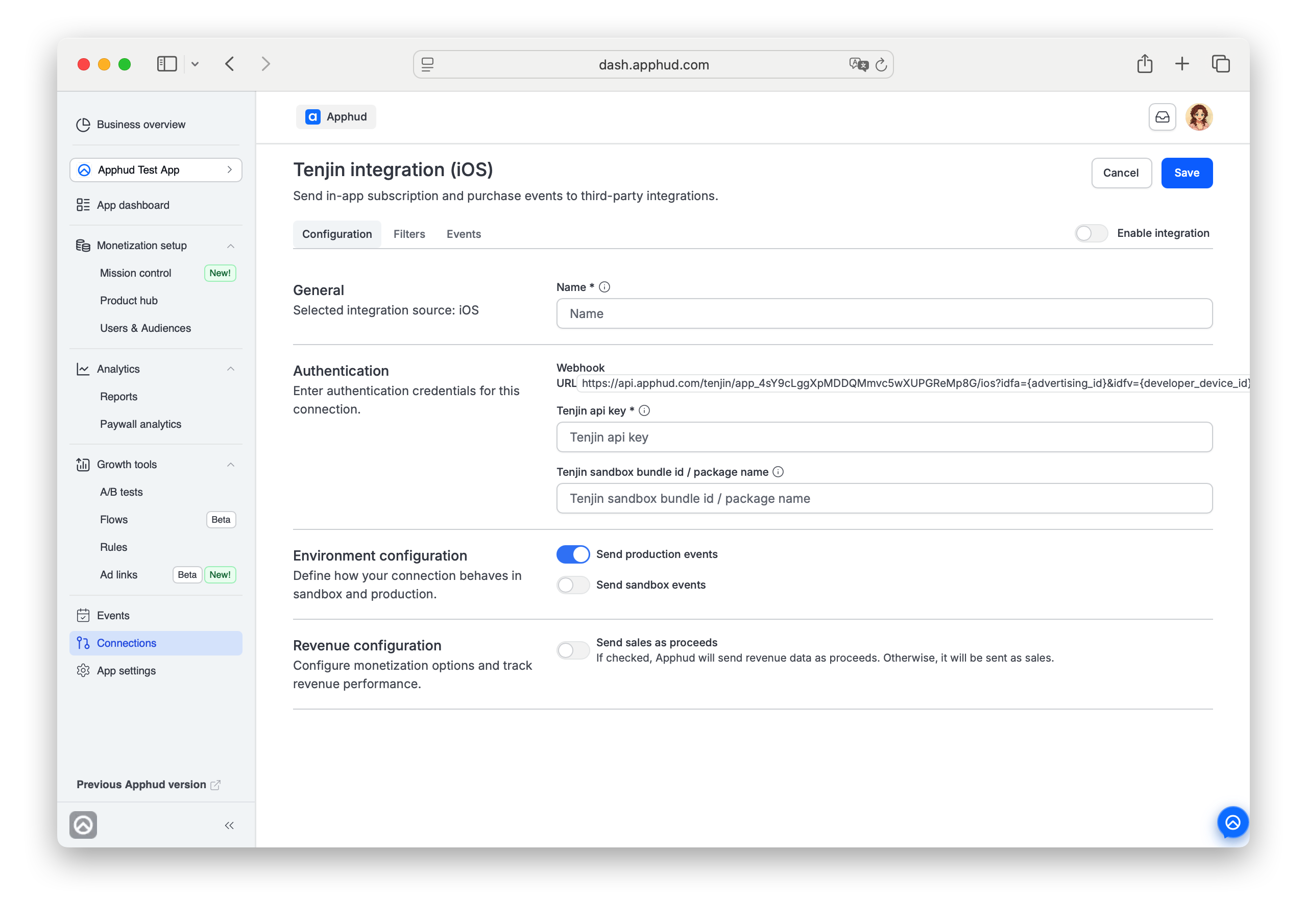 Apphud - Tenjin API key and Webhook URL