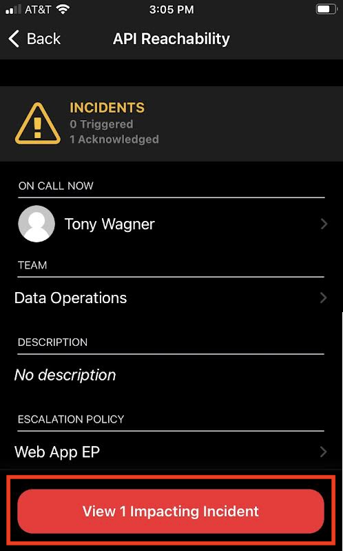 A screenshot of the PagerDuty mobile app indicating the button, which navigates to the technical service's details