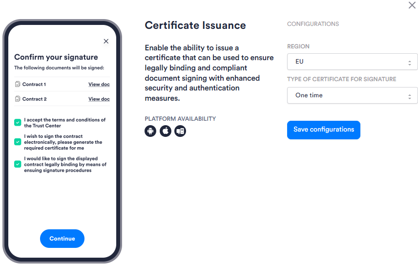 Image of Certificate Issuance module configuration in Workflows. Has two configuration options..