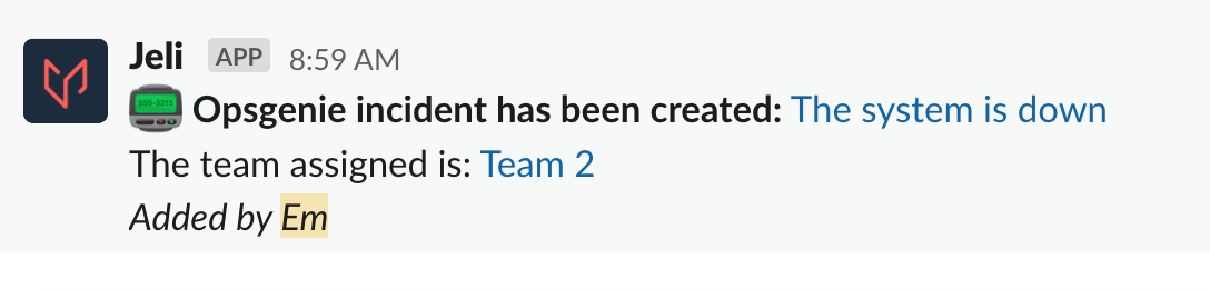 A screenshot of the Slack UI detailing an Opsgenie alert
