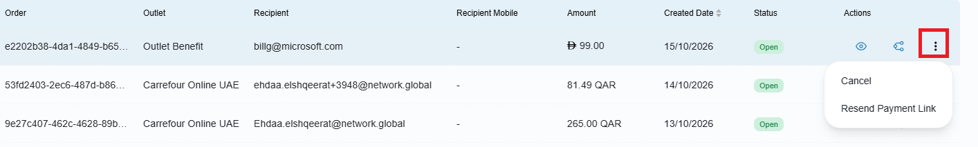 Payment Links list used to select a link to resend