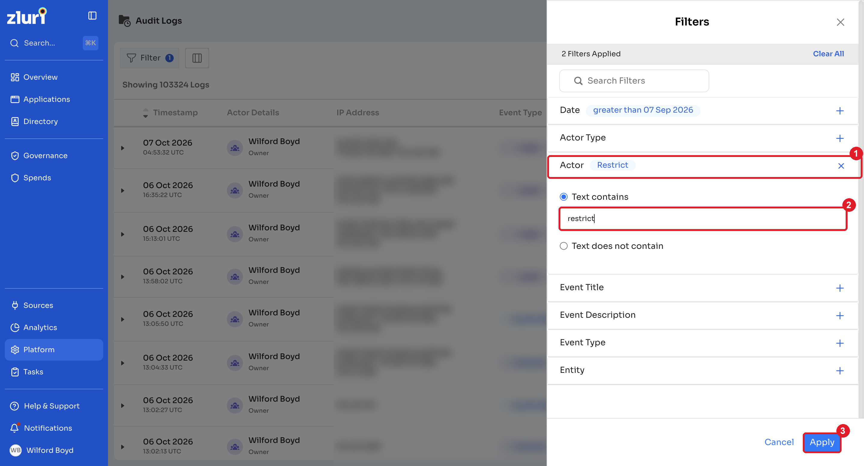 Filters panel with Actor text contains restrict