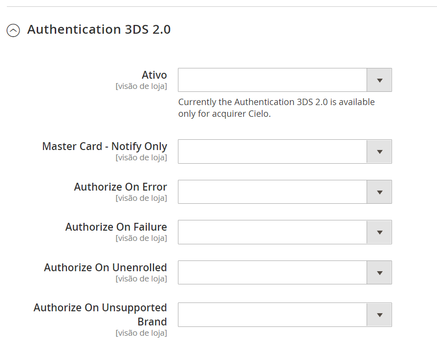 Tela com as configuração a serem preenchidos para cartão de débito na seção Authentication 3DS 2.0