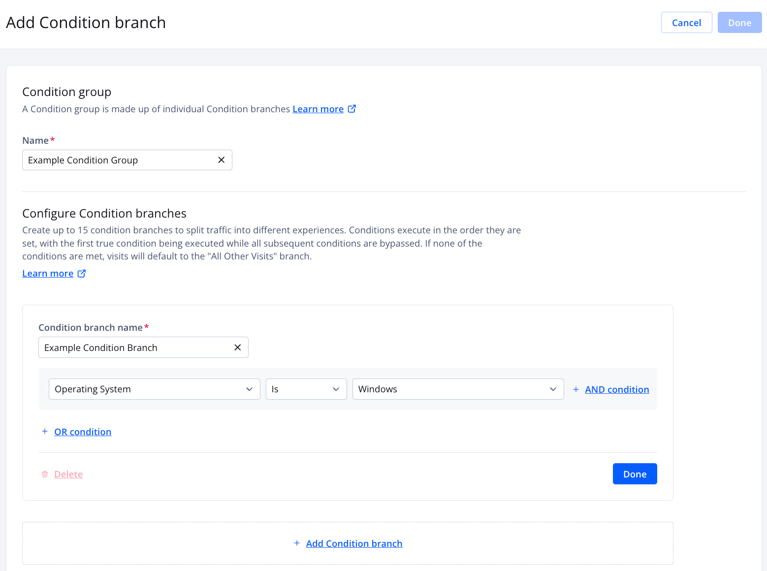 Add Condition branch page
