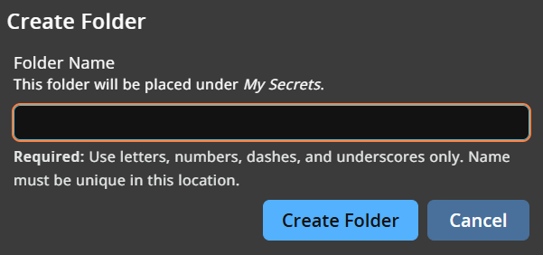 Create Folder dialog box with a name field and Create Folder button