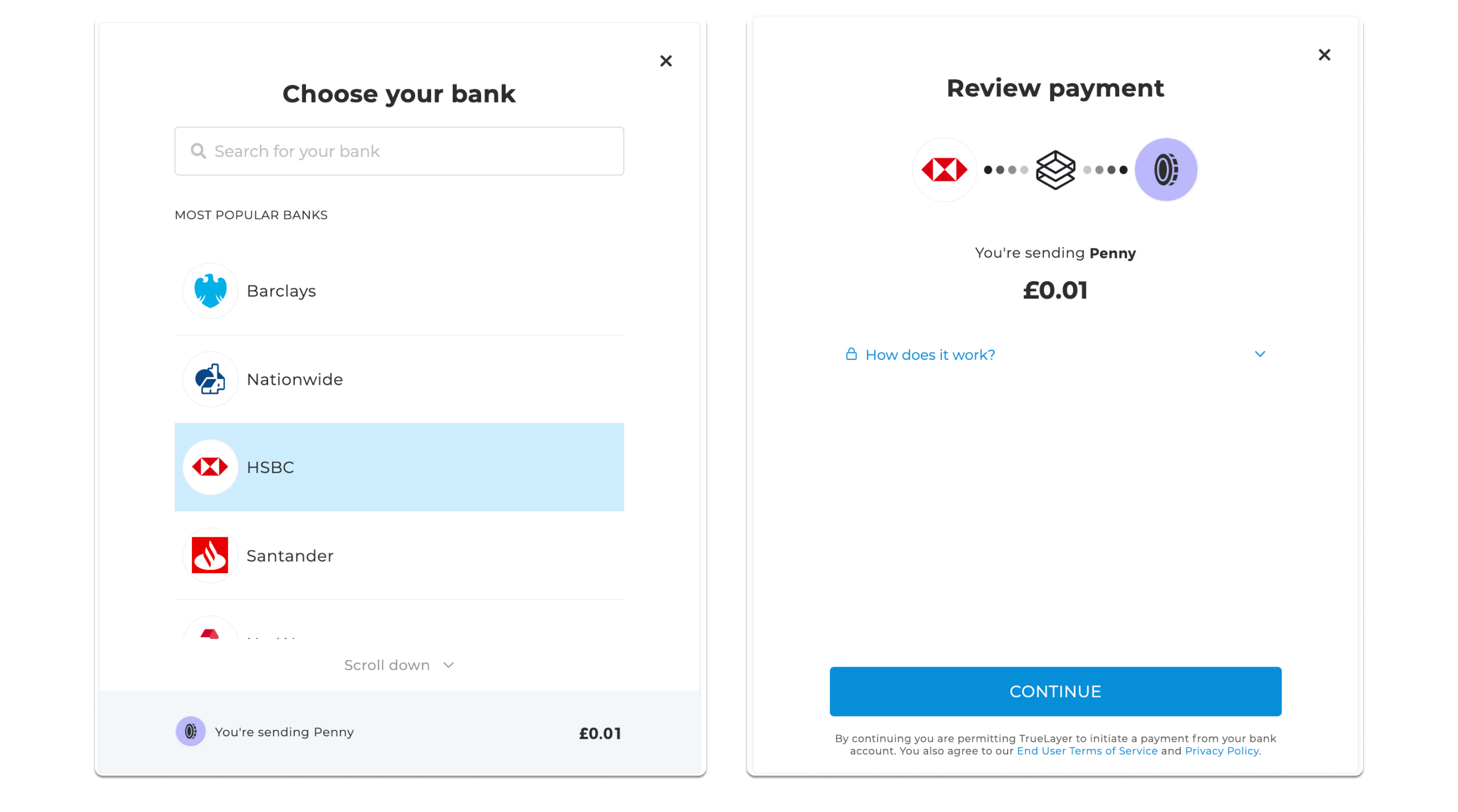 Image showing what the HPP interface looks like. There are two screenshots in the image, one showing the bank selection screen and the other showing the payment confirmation screen.