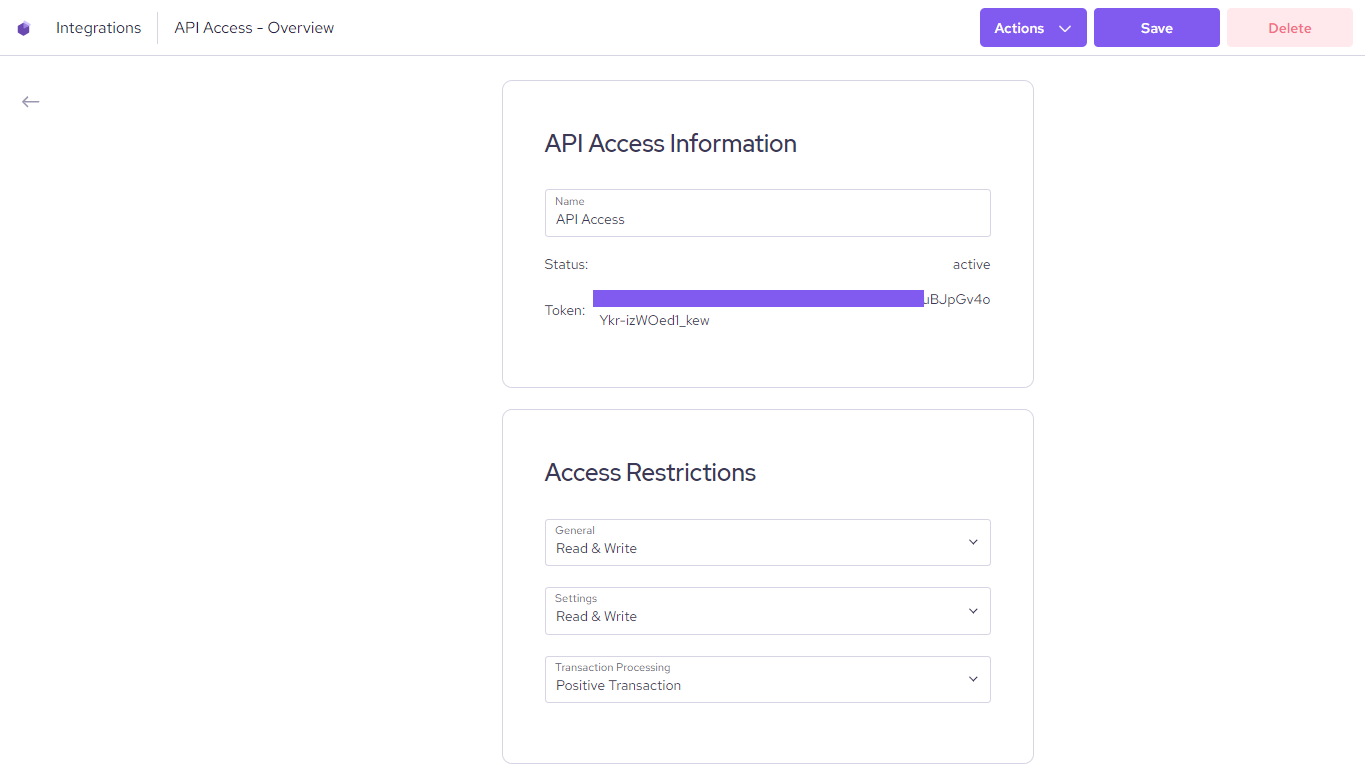 API Access Information screen
