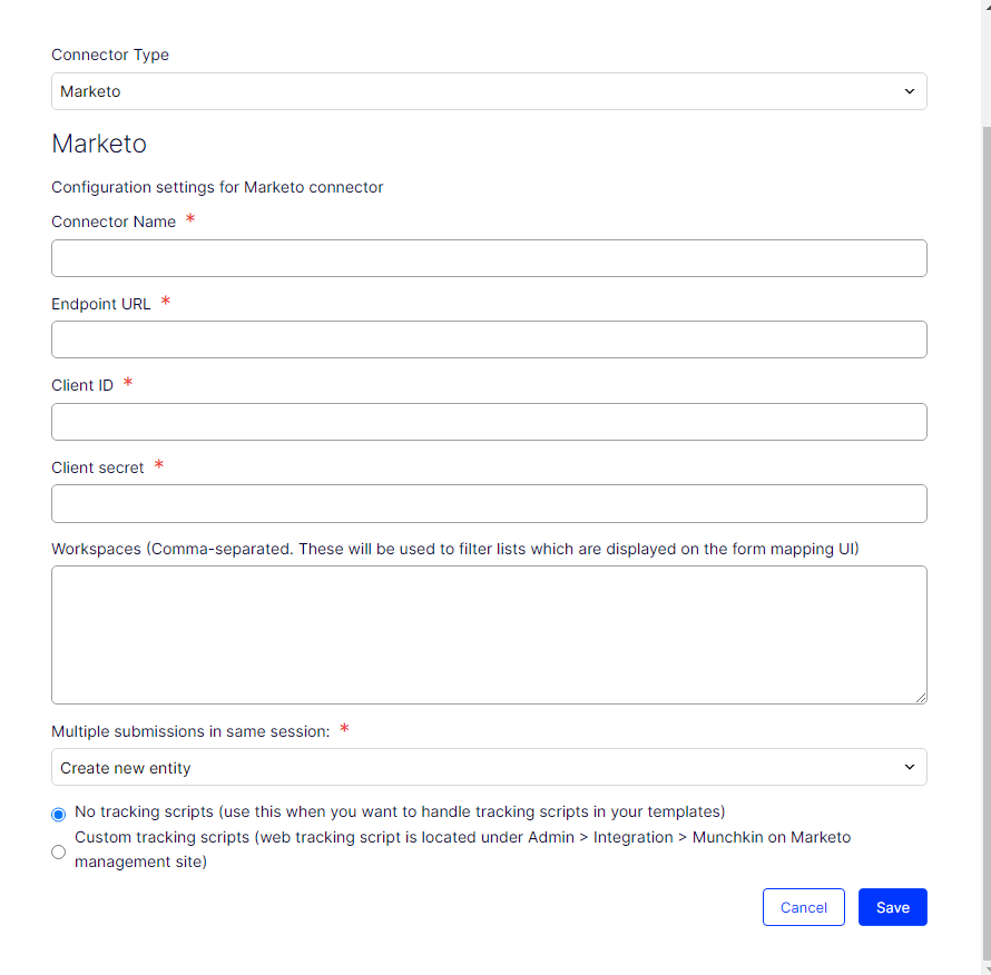 Screenshot of the Marketo connector configuration settings where entering endpoint URL, client ID, and client secret