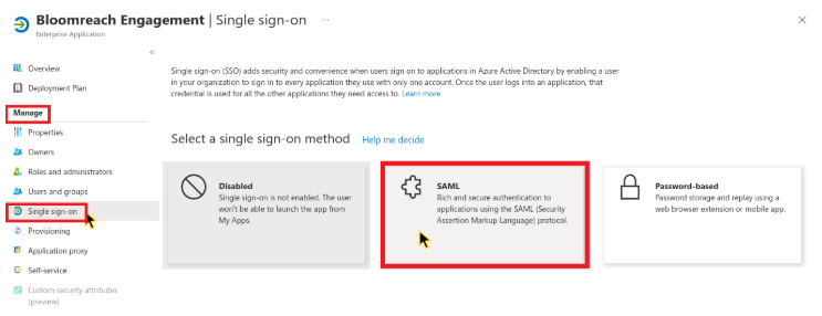 Single sign-on method selection page with SAML option highlighted.