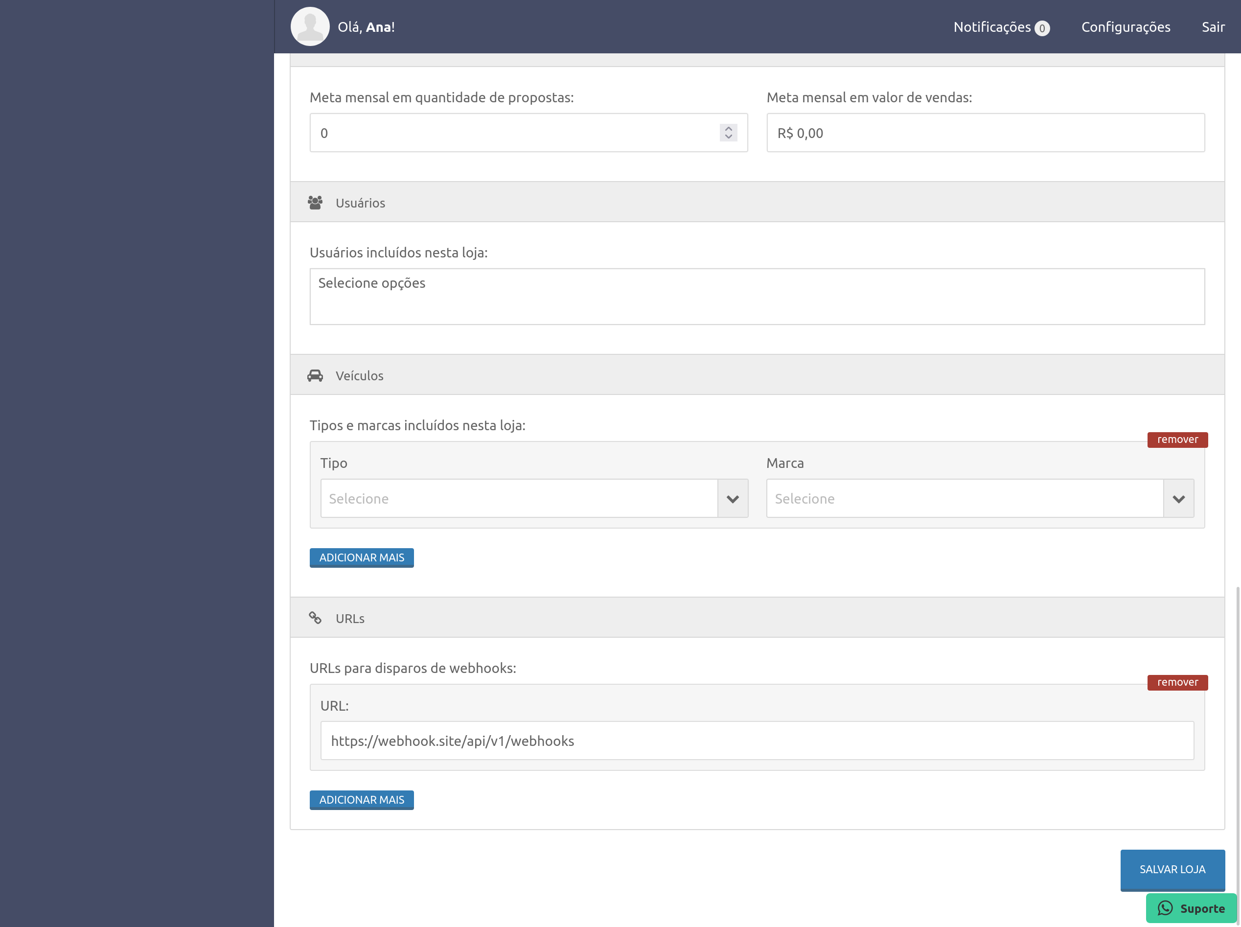 Formulário de criação e edição de loja