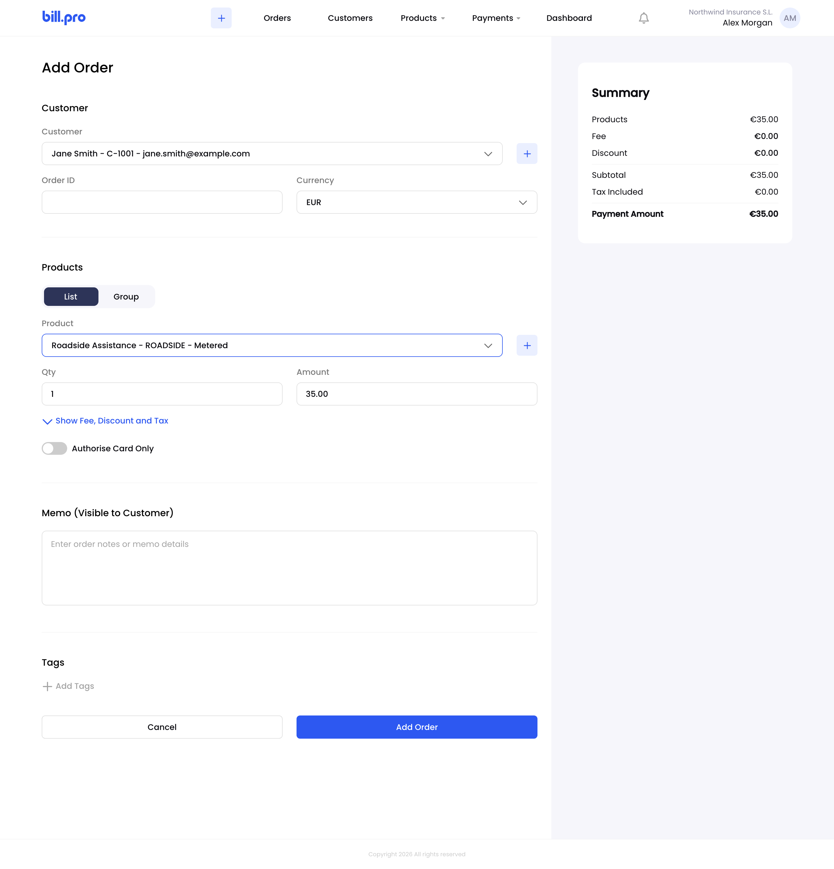 Add Order with a metered product