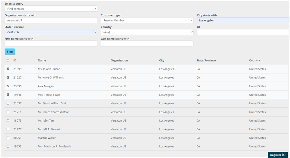 The register multiple contacts window for a specific event allows staff users to register more than one person at a time.