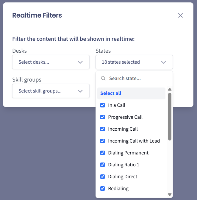Screenshot of the Realtime filters