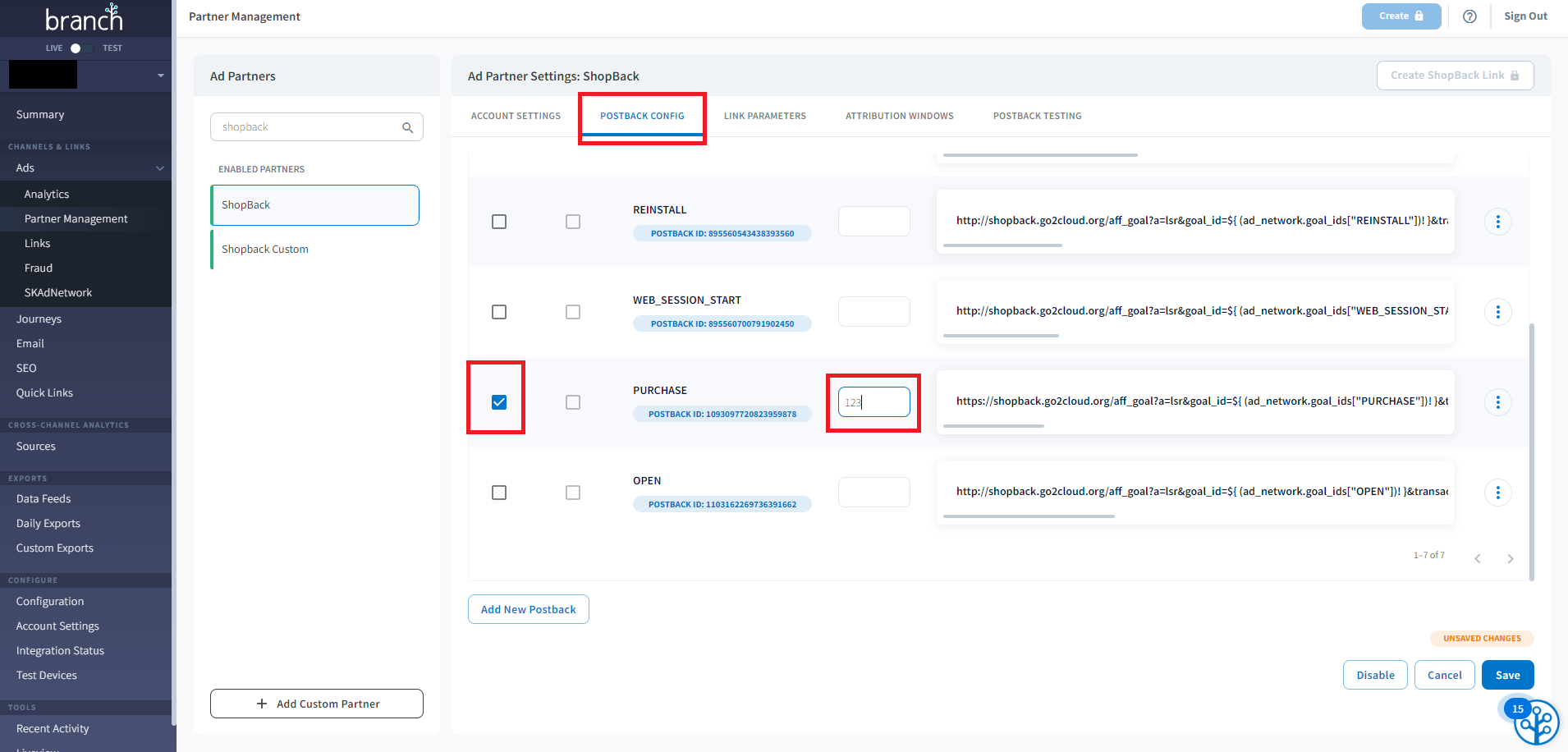 Step 3: Moving on to Postback Config, select Enable for the relevant event and fill in the appropriate Goal ID provided above. Please fill in the appropriate Postback URL provided above