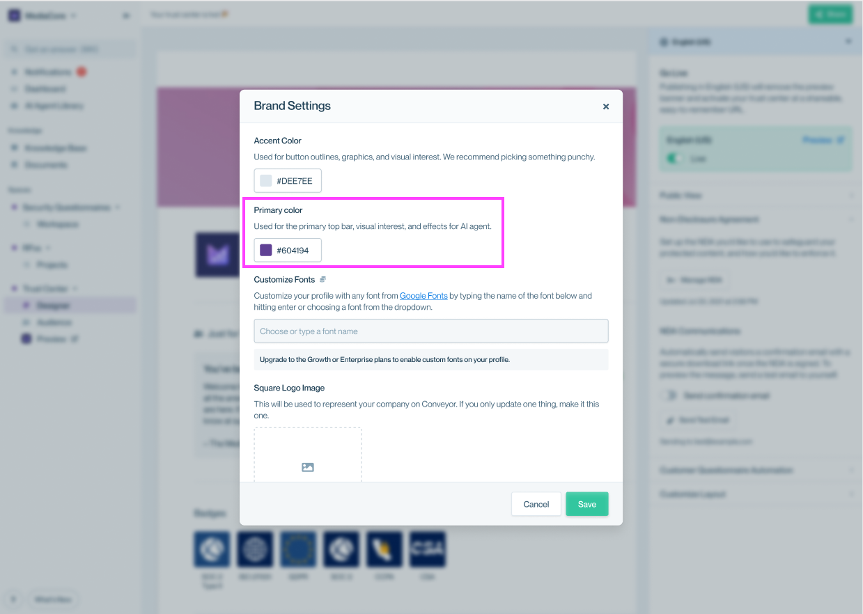 Brand Settings modal showing the Primary Color section highlighted.