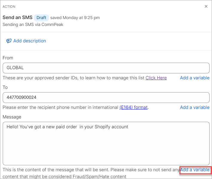 Screenshot of the screen with creating a message for Send SMS action