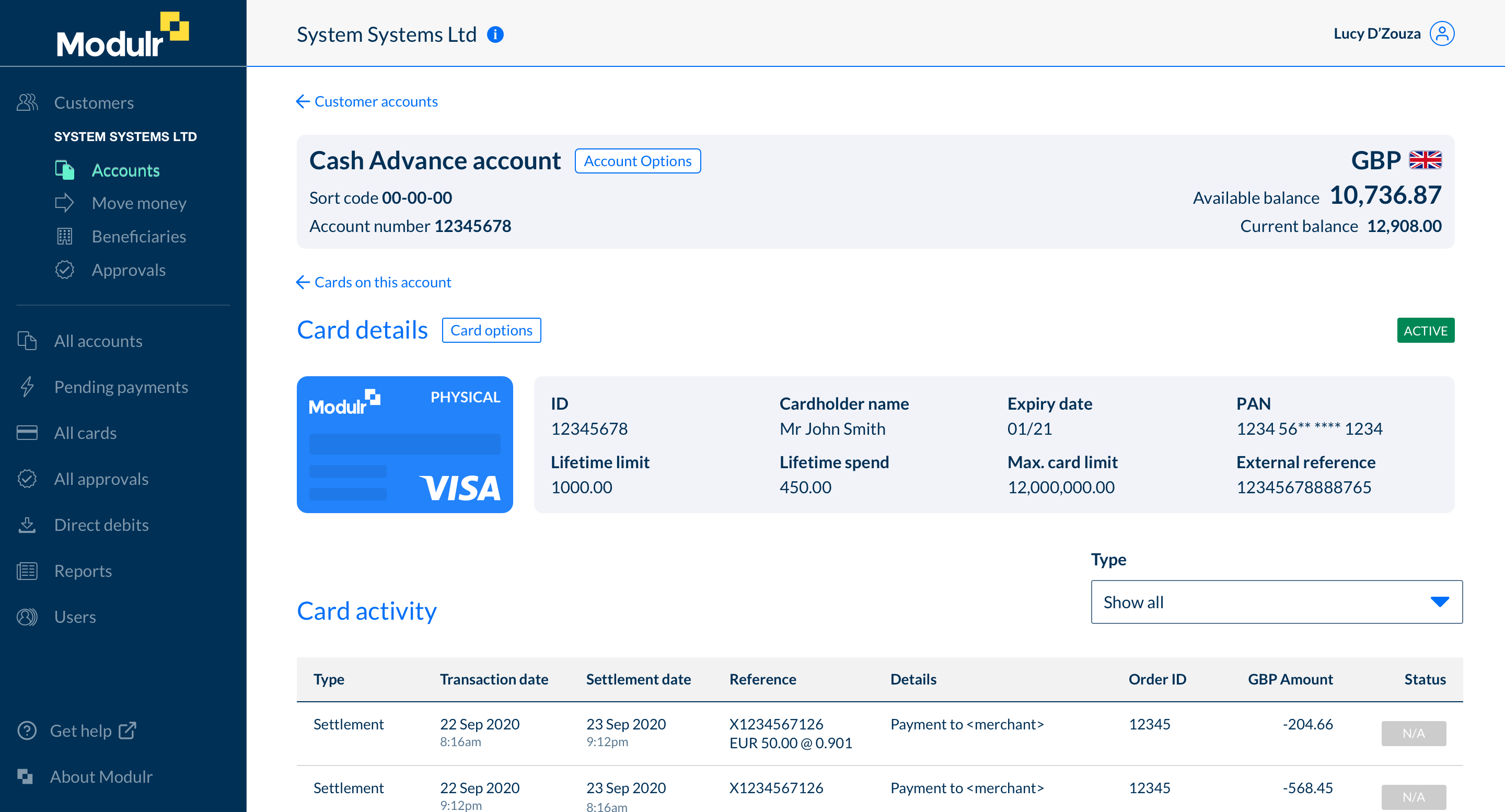 Viewing a card's detail page in the Modulr Portal