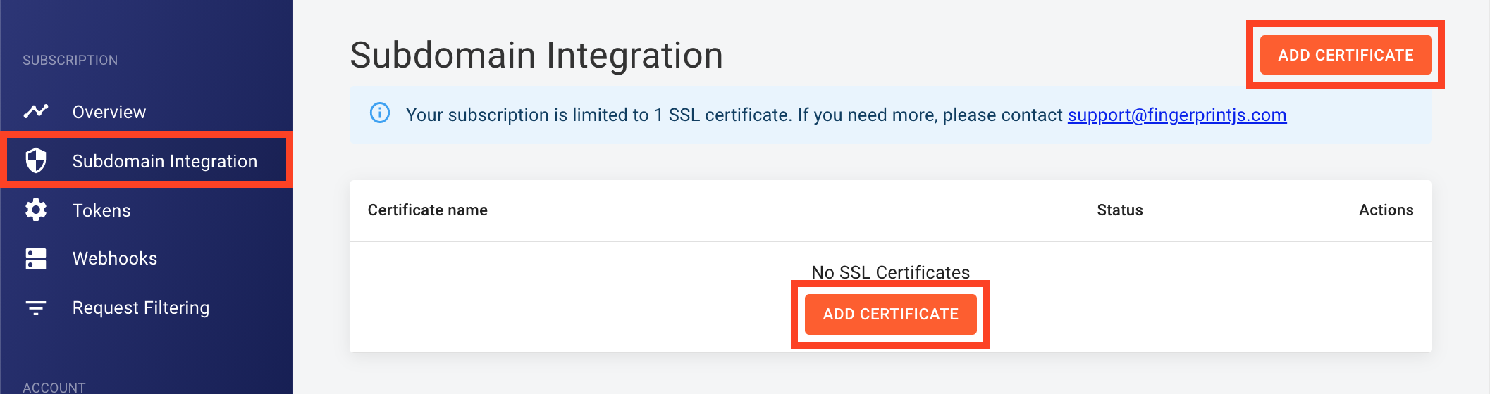 Screenshot of how to add an SSL certificate in the FingerprintJS dashboard