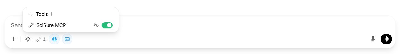 Open WebUI Tools menu with the SciSure MCP toggle enabled